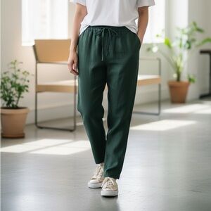 Women's 100% Linen Green Drawstring Pants